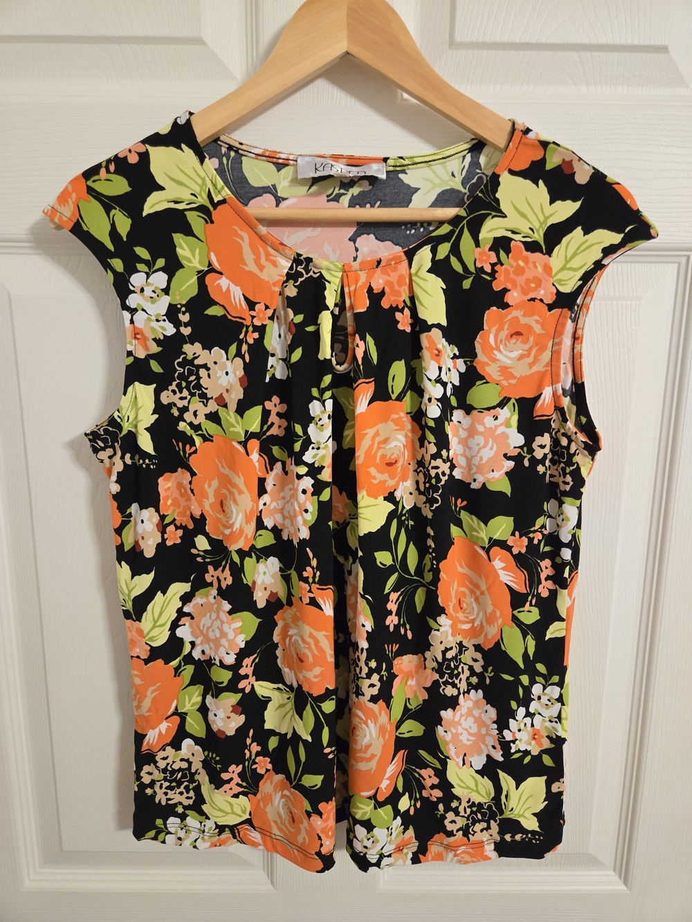 Kasper Black Top with Bright Orange Floral Print Size PL